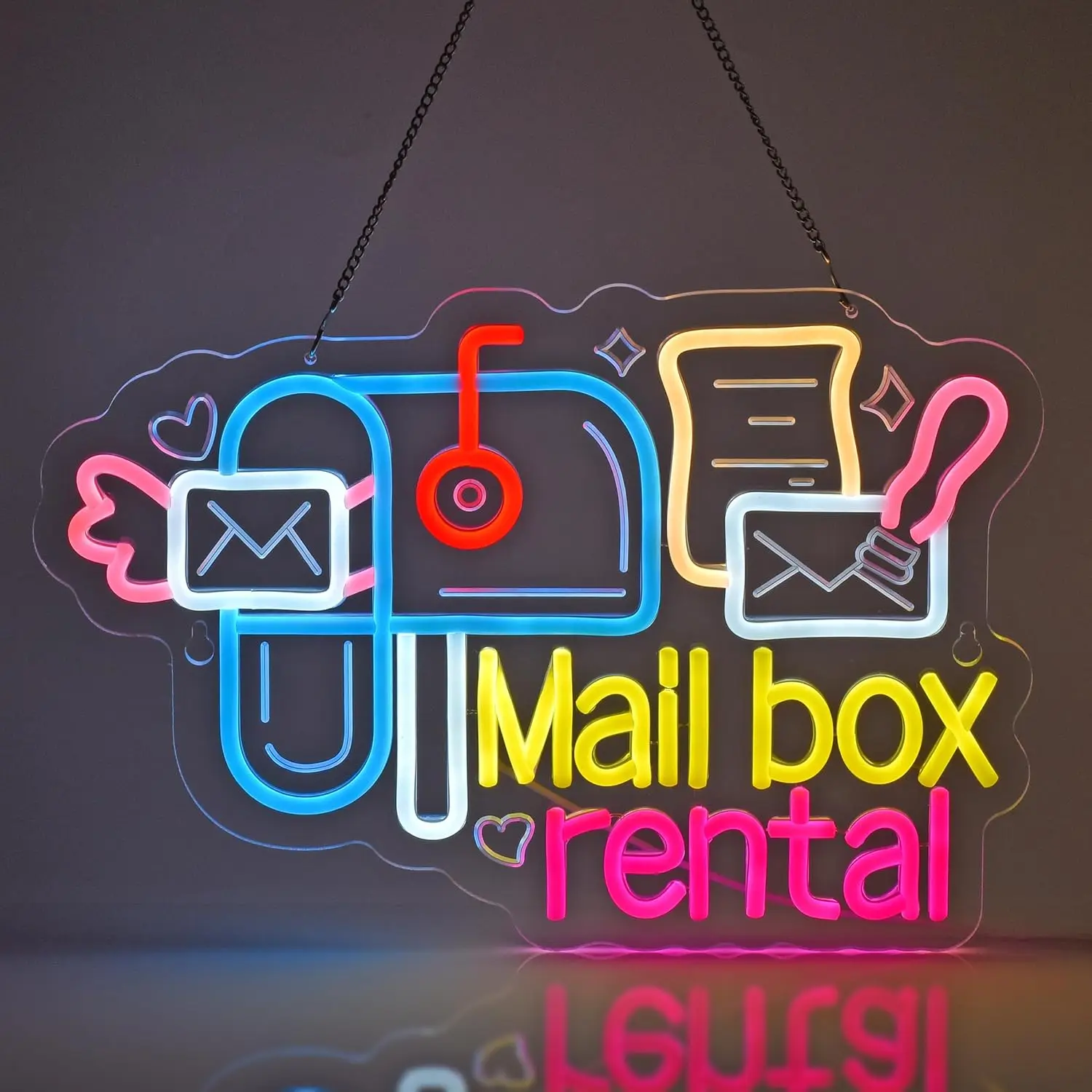 Commercial Printing And Mailing - Неоновая вывеска «Аренда почтового ящика», красочная
